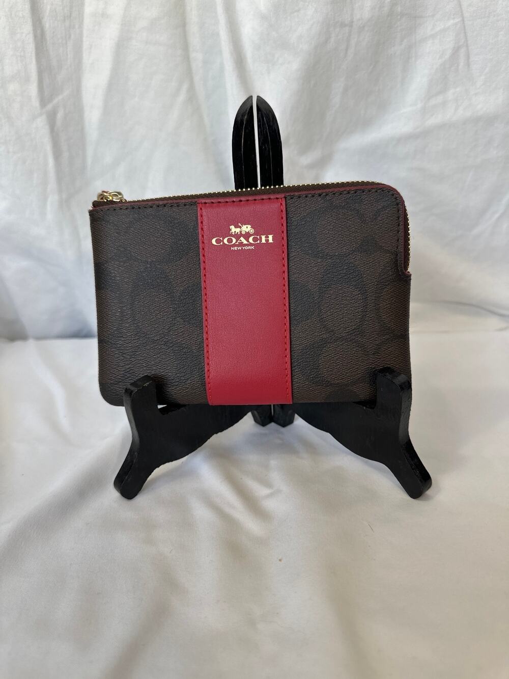 Coach Corner Zip Wristlet in Brown Red Signature Canvas NWT